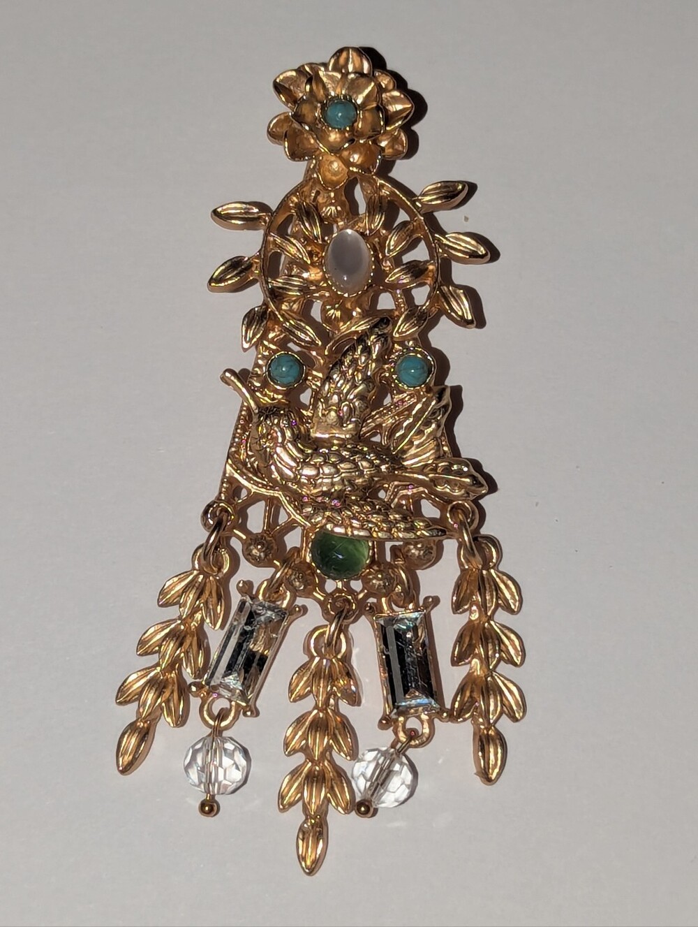 Vtg Moonstone Turquoise Cabs Gold Tone Dangle Crystal Brooch Rare!!